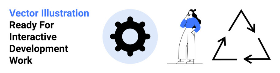 Gear in a circle, person thinking in casual attire, and recycling arrows emphasize innovation, analysis, sustainability. Ideal for business, technology, strategy, teamwork eco-awareness