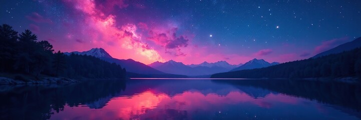Night sky bursts over calm lake, vibrant colors reflected , summer, celebration