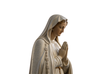 A marble statue of the Virgin Mary in a white robe, adorned with delicate floral details, her hands folded in peaceful devotion, isolated on a transparent background