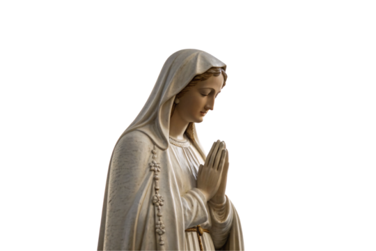 A marble statue of the Virgin Mary in a white robe, adorned with delicate floral details, her hands folded in peaceful devotion, isolated on a transparent background