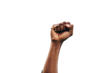 A real-life clenched fist, raised in the air, symbolizing strength and unity. Dark skin tone, well-defined fingers, and veins visible, isolated on a transparent background
