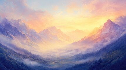 A serene mountain landscape at sunrise with mist rolling over the valleys, golden light illuminating the peaks, and a soft pastel sky above