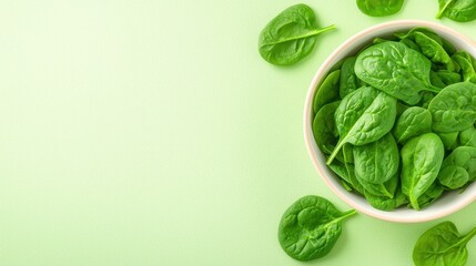 Fresh spinach leaves in a bowl, surrounded by scattered leaves, on a light green background.