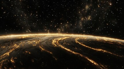 The curvature of Earth from deep space, golden lights outlining continents under a star-filled sky