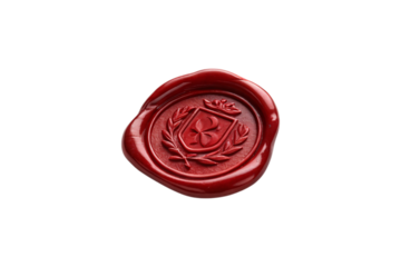 A single wax seal in deep red, embossed with a regal crest, laurel wreath, and crown. The texture is glossy, irregular edges give an authentic look, isolated on a transparent background