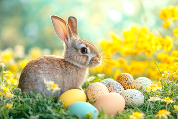 Rabbit in grass beside colorful eggs and flowers