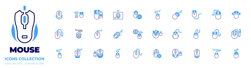 Mouse icon collection. Bold line style. Duotone colors. wireless mouse, computer mouse, mouse, move, discount