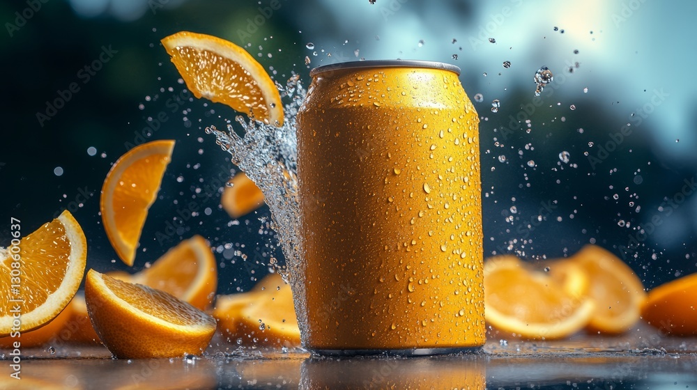 Aufkleber can of soda with orange slices in it is splashing water. the image has a playful and fun mood