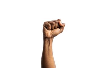 A strong raised fist with slightly different hand posture, veins visible, fingers curled tightly. The lighting highlights contours, isolated on a transparent background