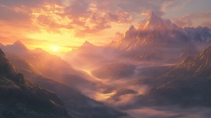 A serene mountain sunrise with golden rays illuminating the peaks, misty valleys below, and a soft pink and orange sky in the distance