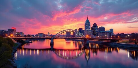 Panoramic view of downtown Cincinnati & Roebling Bridge at sunset, skyline, cityscape