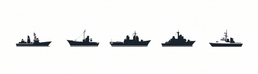 Silhouettes of various military ships on a plain white background