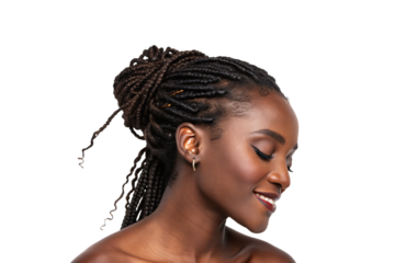 Black woman with intricate braids, smiling with eyes closed. Her radiant skin and subtle makeup highlight her natural beauty, isolated on a transparent background