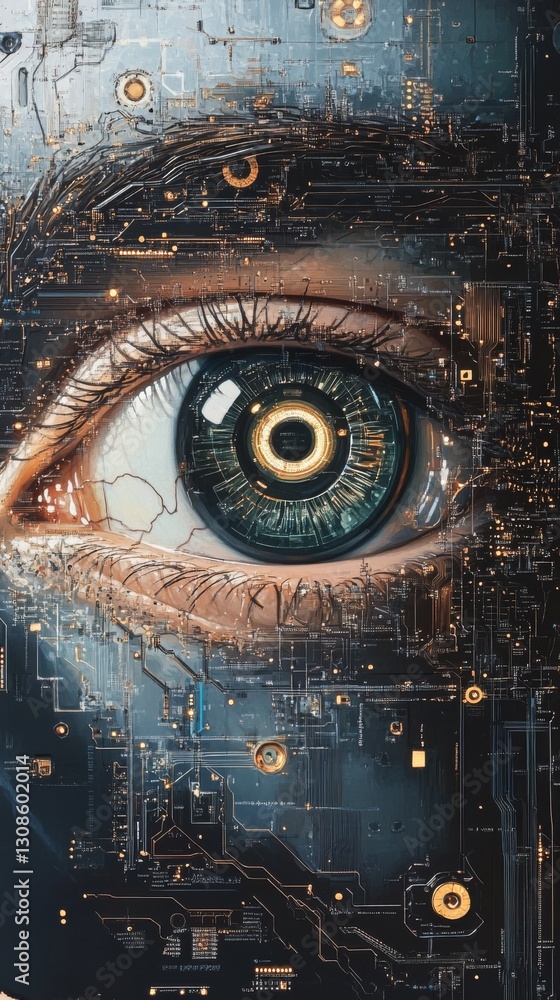 Poster an artistic depiction of a futuristic human eye integrated with detailed circuits and glowing compon