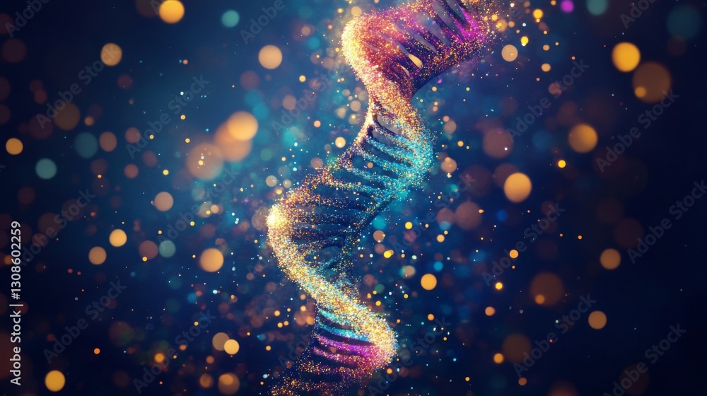 Poster a close-up 3d rendering of a dna helix, illuminated in vibrant colors and surrounded by glittering p