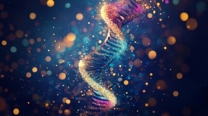 A close-up 3D rendering of a DNA helix, illuminated in vibrant colors and surrounded by glittering particles. The bokeh effect and dark background enhance the futuristic and scientific atmosphere