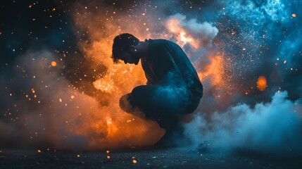 Obraz premium Captivating image of a man kneeling amidst thick swirls of orange and blue smoke, creating a scene filled with intensity and emotion. The contrasting colors and atmospheric effect evoke themes of