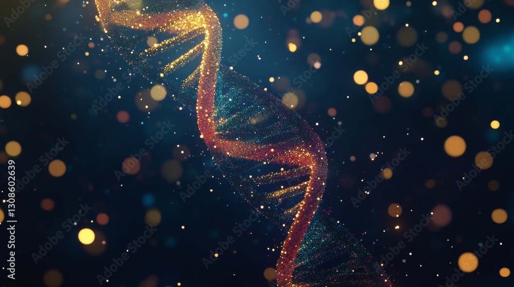 Poster a 3d-rendered dna helix elegantly lit with warm golden sparkles on a dark background. the subtle bok