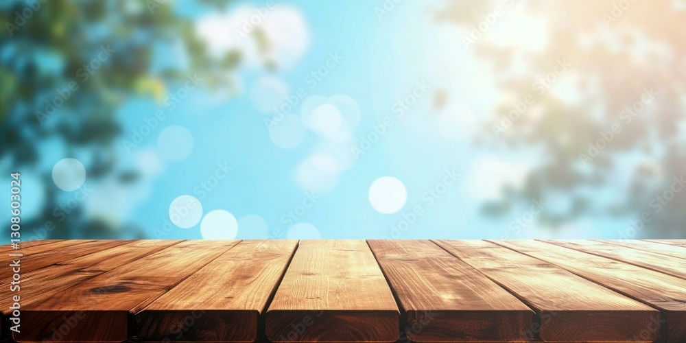 Poster wooden table top with bokeh light and nature background for display