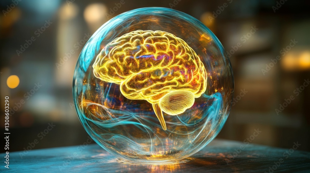 Poster a digitally rendered brain glowing within a transparent glass orb, symbolizing artificial intelligen
