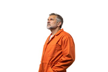 Older Caucasian man with a gray beard in an orange jumpsuit, staring upwards. His expression suggests deep thought or reflection, isolated on a transparent background