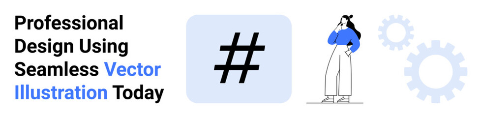 Obraz premium metadata tag inside a blue square, woman in casual outfit pondering, abstract gear icons. Ideal for creativity, branding, teamwork, digital marketing, brainstorming, productivity and flat landing