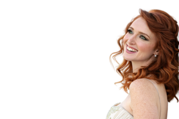 Red-haired woman in a white dress, laughing while looking back. Her curly hair cascades down, and her sparkling earrings add elegance, isolated on a transparent background