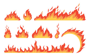 Cartoon fire flames flat collection. Fire flames, bright fireball, heat wildfire and red hot bonfire, campfire. Vector illustration.