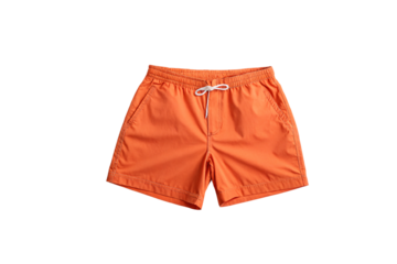 Vibrant orange swim trunks with a white drawstring, elastic waistband, and relaxed fit. The smooth fabric reflects light naturally, isolated on a transparent background