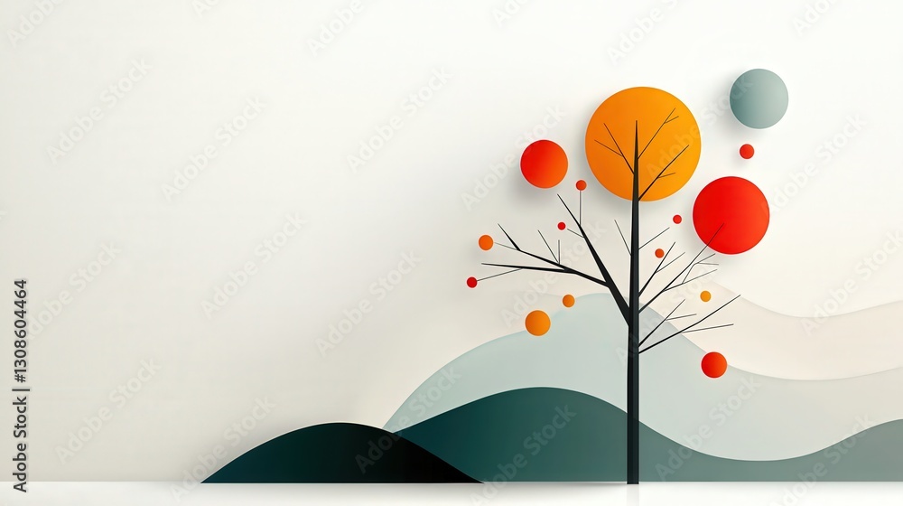 Poster abstract tree design with colorful circles and hills.