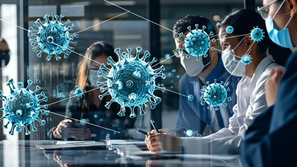 Business meeting with viral overlay, discussing coronavirus impact and solutions - Powered by Adobe