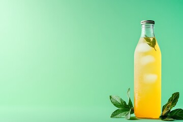 Iced citrus beverage in glass bottle with mint.