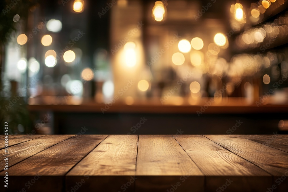 Poster rustic wooden tabletop with blurred bar background and bokeh lights effect