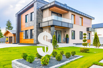Modern luxury home with a prominent dollar sign symbolizing investment, wealth, or real estate value.