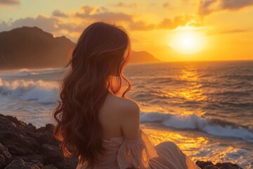 Woman Enjoying Golden Hour at the Ocean Seascape Serene Sunset View