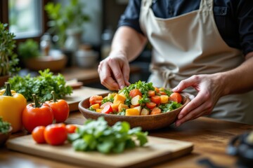 A chef preparing a colorful salad in a rustic kitchen setting