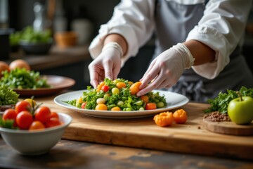 A Chef Is Plating A Beautiful And Colorful Salad