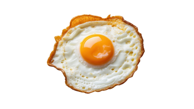 Realistic crispy fried egg with golden yolk isolated on white background, top view food photography png, cutout