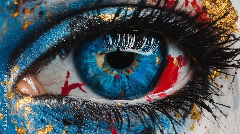 Poster a macro shot of a vibrant blue eye with intricate red and gold paint accents, creating a surreal and