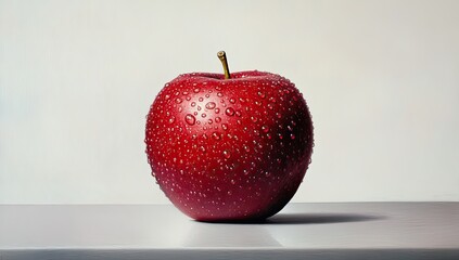 Red Apple with Water Droplets on Light Surface