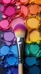 Vibrant rainbow makeup brush on colorful palette background for creative design