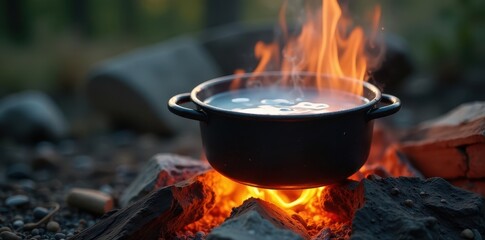 Boiling water in enamel pot over crackling campfire flames, nature, coffee, adventure