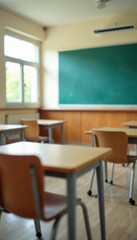 Blurred elementary school classroom, empty chairs and desks , desks, education
