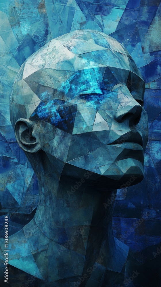 Poster a close-up of a human face rendered in blue polygons with a digital texture, creating a cyber-inspir