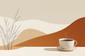 Steaming coffee cup on table with abstract background.