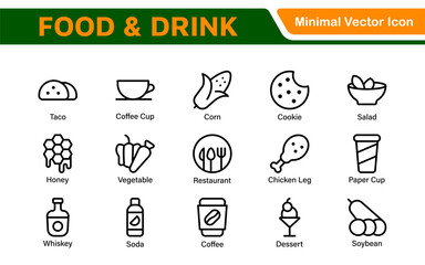 Food and Drink Icons Collection. Vector-Based Icons for Cooking, Dining, Beverages, Restaurant, and Fast Food Design