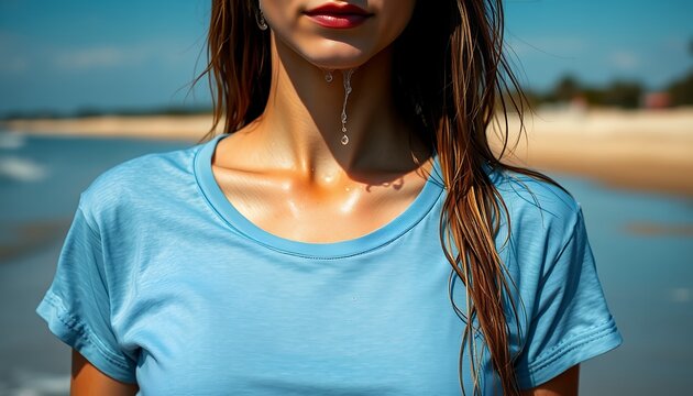 Woman in Wet T-Shirt with Water Droplets at Sunny Beach