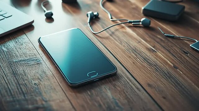 Smartphone on Wooden Desk with Earbuds and Laptop