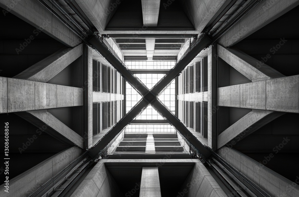 Aufkleber intricate architectural design viewed from below in black and white with symmetric patterns and geom