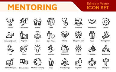 Mentoring and Coaching Icons Collection. Vector-Based Icons for Mentorship, Leadership, Learning, Support, and Growth